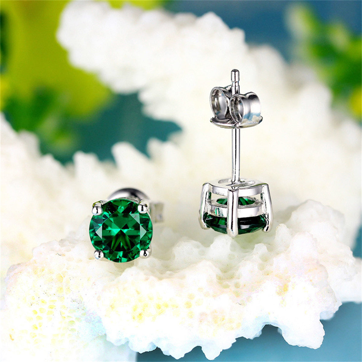 Green Crystal and Silver-Plated Round Stud Earring, silver stud earrings for women, dainty minimalist design, side view