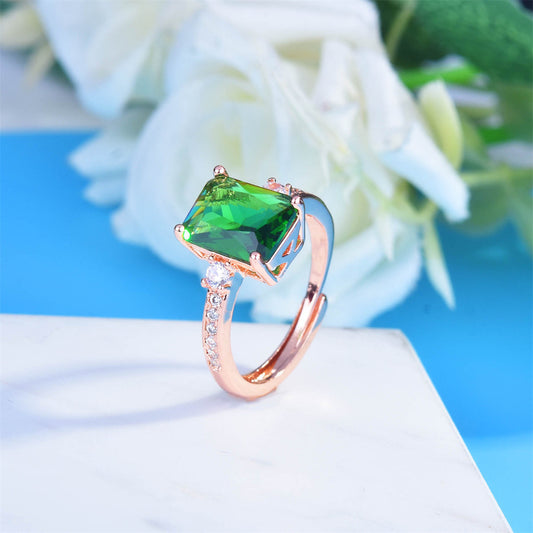 Green Crystal and Cubic Zirconia 18K Rose Gold-Plated Adjustable Ring, rose gold statement rings for women, front view