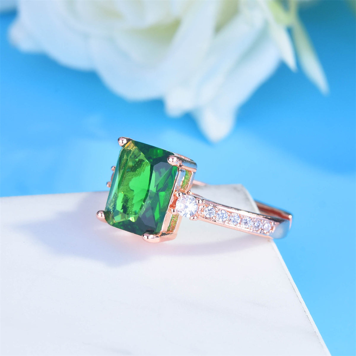Green Crystal and Cubic Zirconia 18K Rose Gold-Plated Adjustable Ring, rose gold statement rings for women, side view