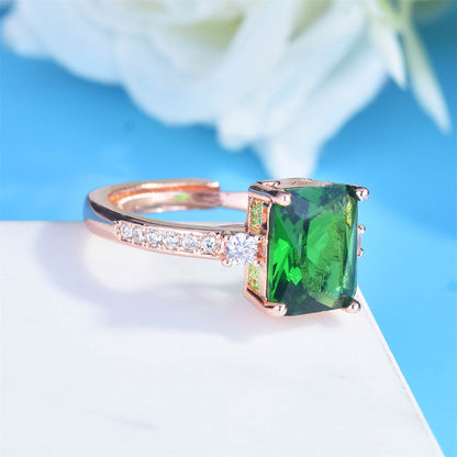 Green Crystal and Cubic Zirconia 18K Rose Gold-Plated Adjustable Ring, rose gold statement rings for women, detail close-up