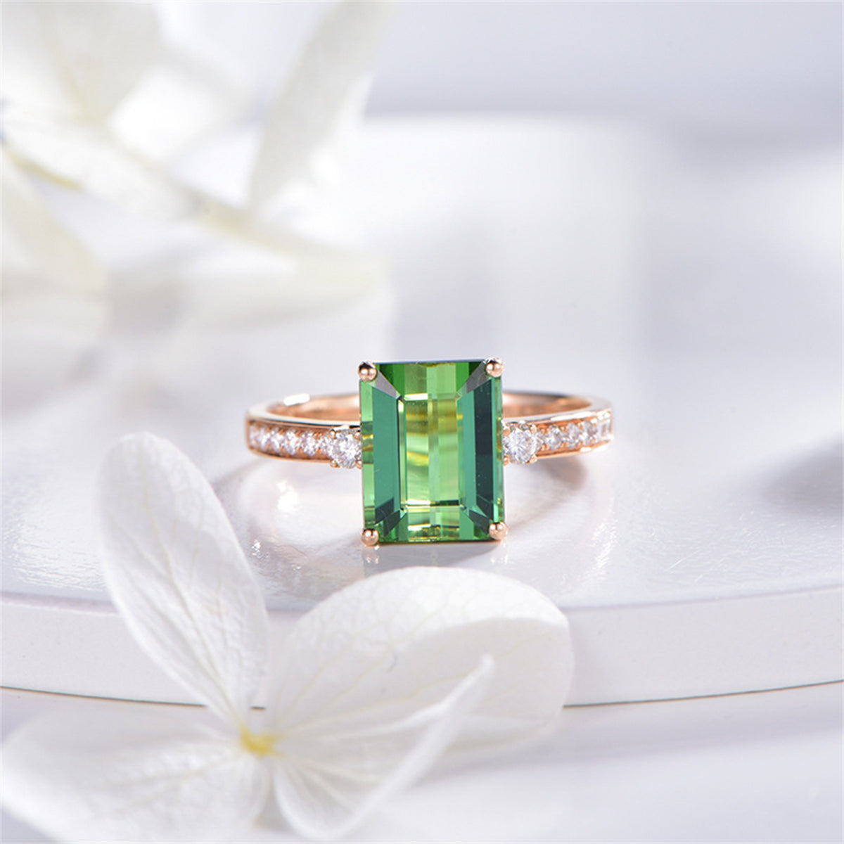 Green Crystal and Cubic Zirconia 18K Rose Gold-Plated Adjustable Ring, rose gold statement rings for women, lifestyle look