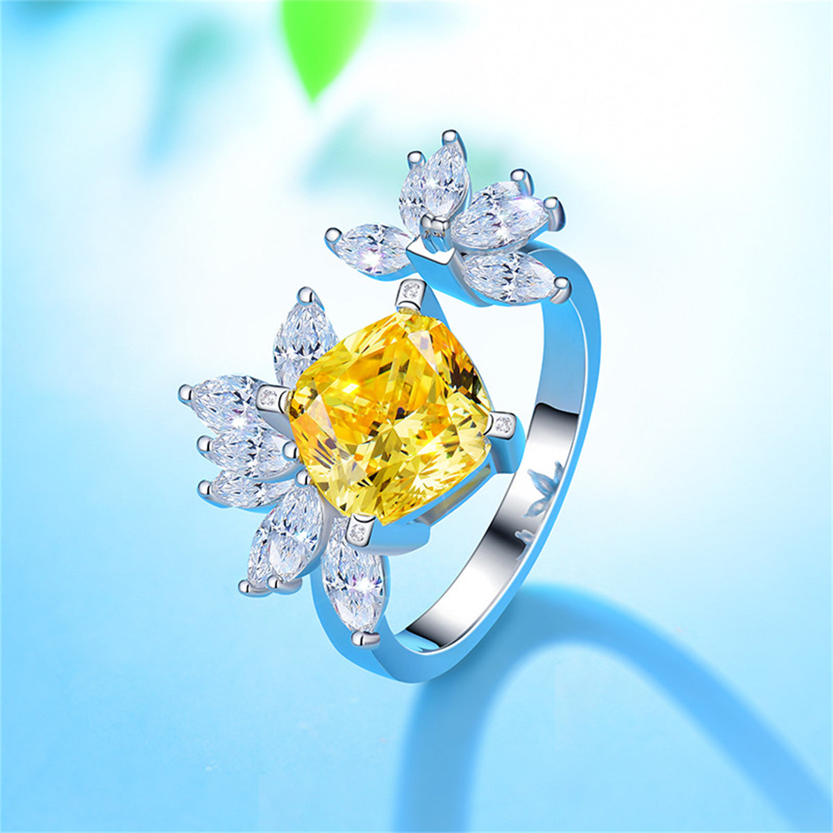 Yellow Crystal and Silver-Plated Cushion-Cut Bypass Ring, silver statement rings for women, botanical inspired, side view
