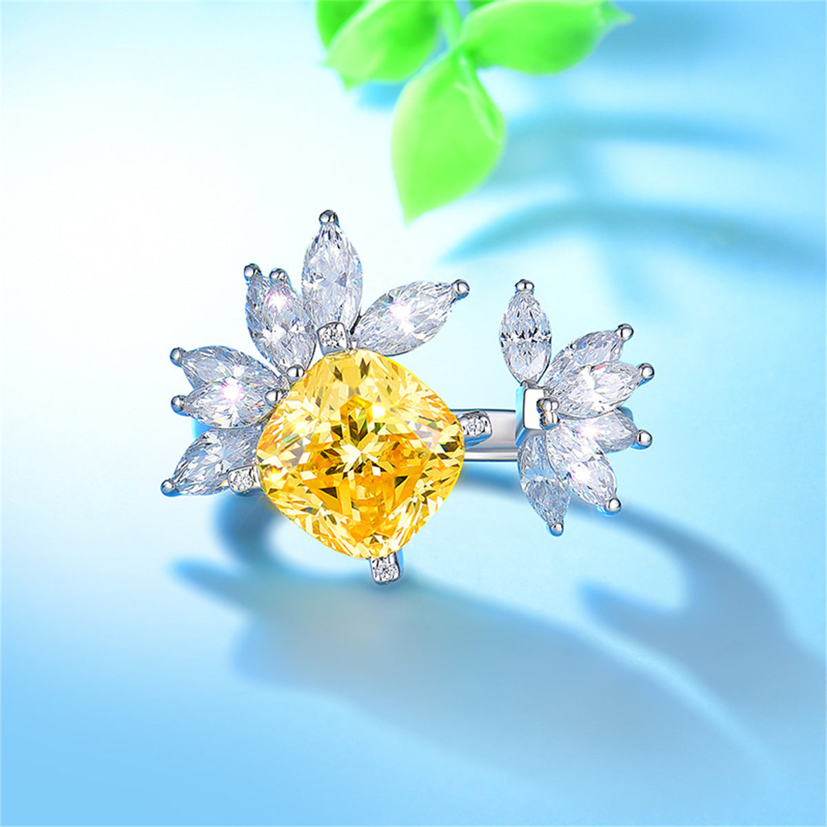 Yellow Crystal and Silver-Plated Cushion-Cut Bypass Ring, silver statement rings for women, detail close-up