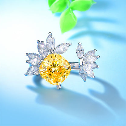 Yellow Crystal and Silver-Plated Cushion-Cut Bypass Ring, silver statement rings for women, detail close-up