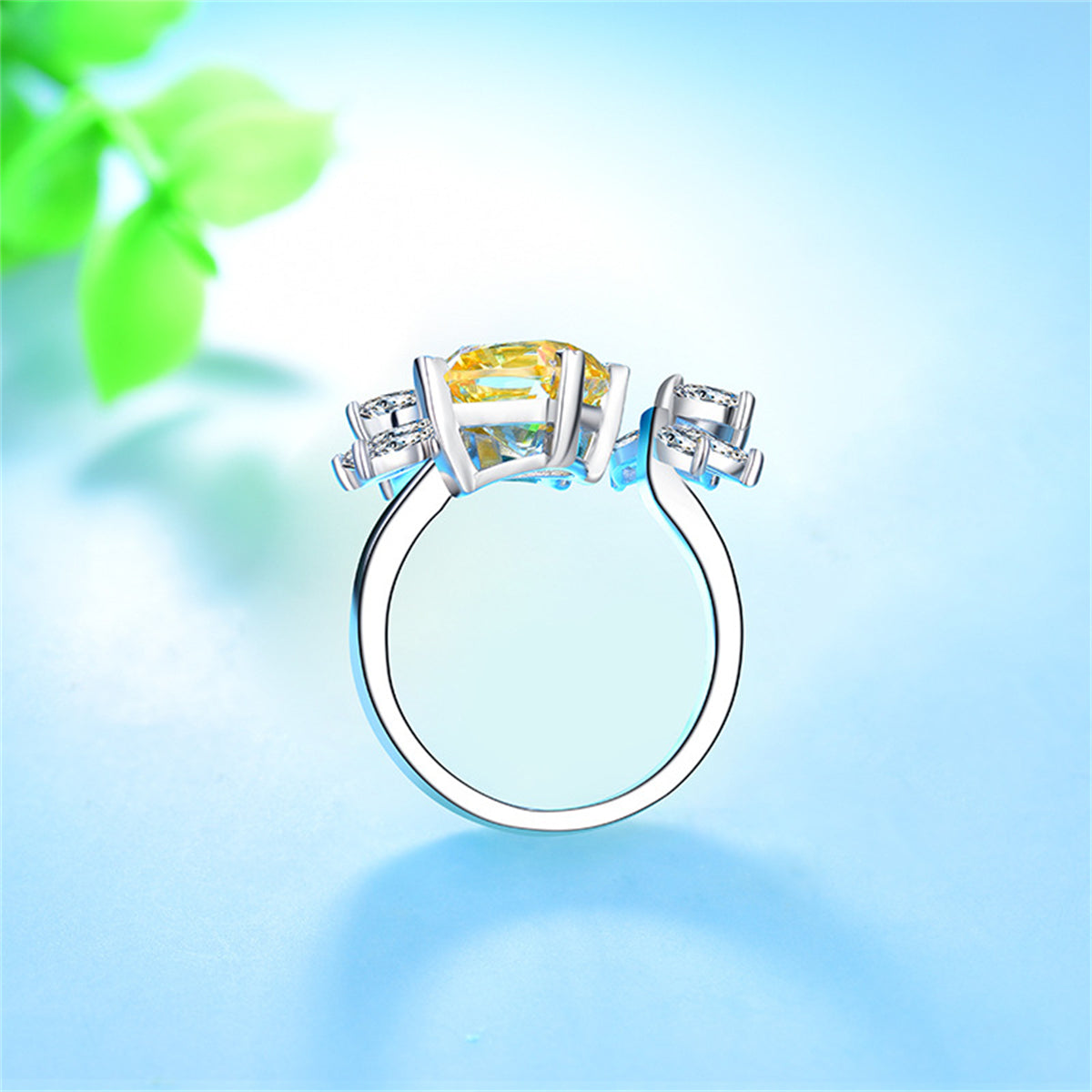 Yellow Crystal and Silver-Plated Cushion-Cut Bypass Ring, silver statement rings for women, botanical inspired, styled look