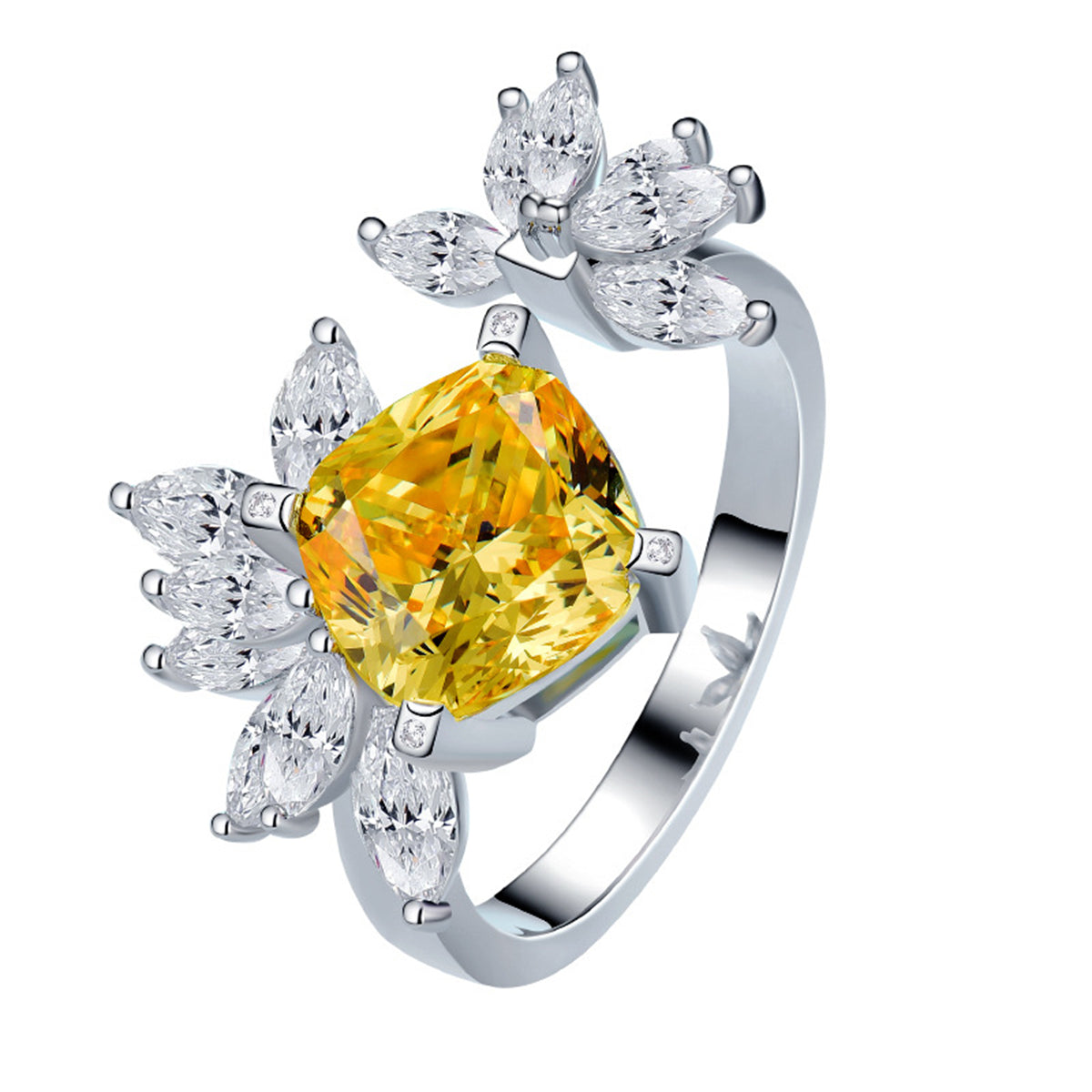 Yellow Crystal and Silver-Plated Cushion-Cut Bypass Ring, silver statement rings for women, botanical inspired, front view