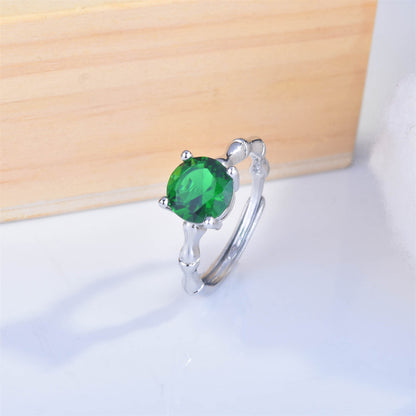 Green Crystal and Silver-Plated Round-Cut Adjustable Ring, silver statement rings for women, elegant gift for her, side view