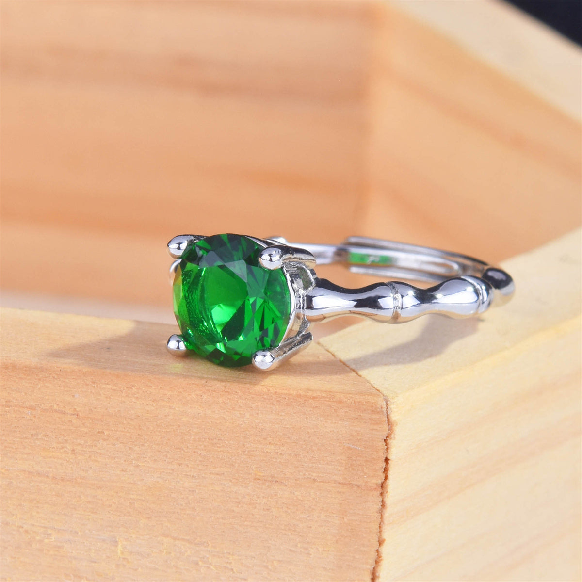 Green Crystal and Silver-Plated Round-Cut Adjustable Ring, silver statement rings for women, detail close-up