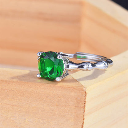 Green Crystal and Silver-Plated Round-Cut Adjustable Ring, silver statement rings for women, detail close-up