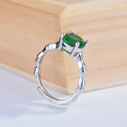 Green Crystal and Silver-Plated Round-Cut Adjustable Ring, silver statement rings for women, lifestyle look