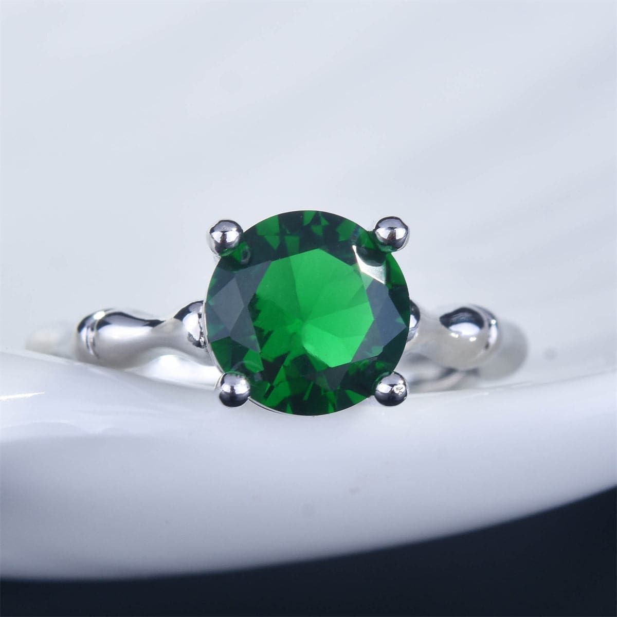 Green Crystal and Silver-Plated Round-Cut Adjustable Ring, silver statement rings for women, elegant gift for her, front view