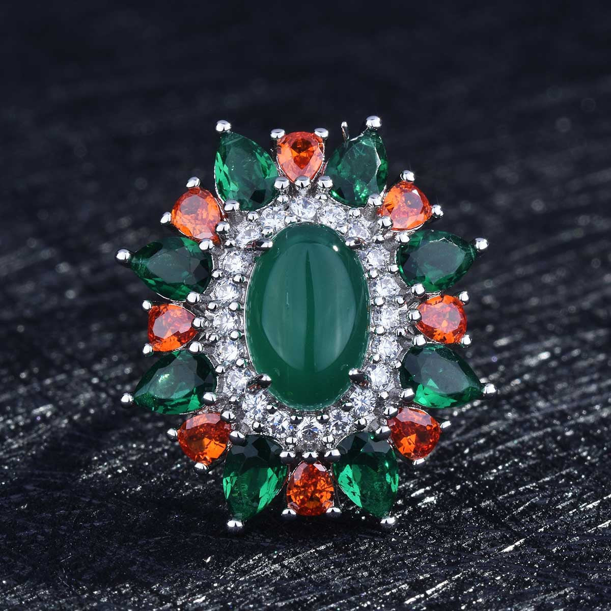 Jade and Crystal Oval-Cut Cocktail Ring, statement rings for women, botanical inspired, front view