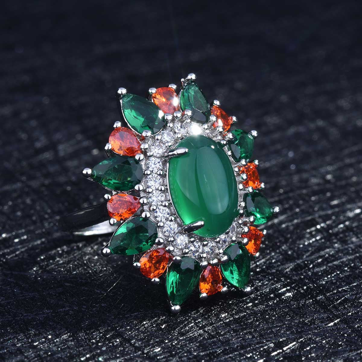 Jade and Crystal Oval-Cut Cocktail Ring, statement rings for women, botanical inspired, detail close-up