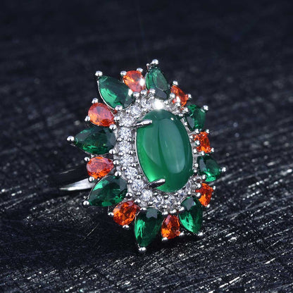 Jade and Crystal Oval-Cut Cocktail Ring, statement rings for women, botanical inspired, detail close-up
