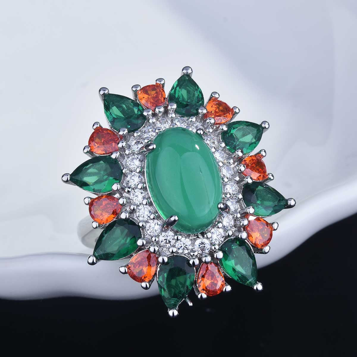 Jade and Crystal Oval-Cut Cocktail Ring, statement rings for women, botanical inspired, side view