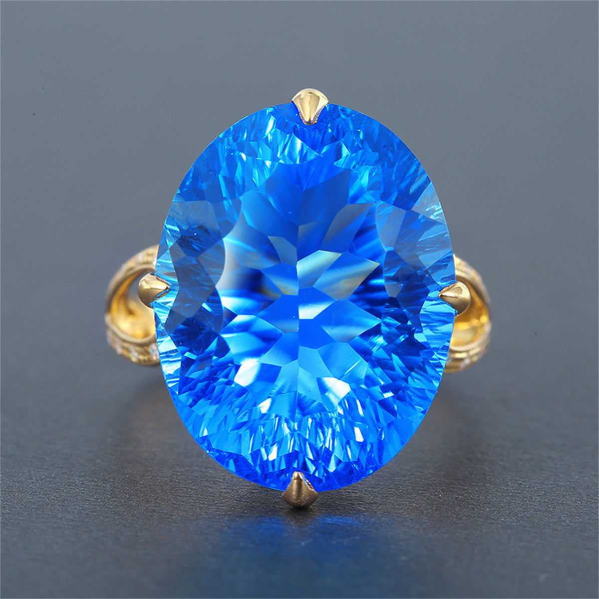 Blue Crystal and 18K Gold-Plated Oval-Cut Adjustable Ring, gold statement rings for women, detail close-up