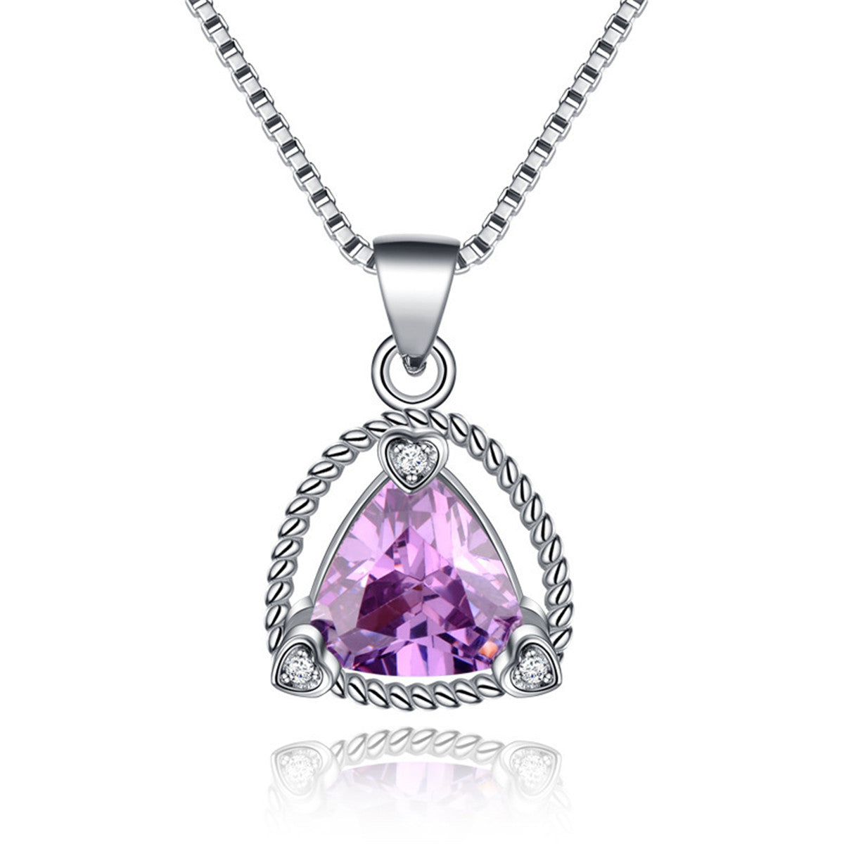 Purple Crystal and Silver-Plated Triangle Frame Pendant Necklace, silver pendant necklace for women, front view