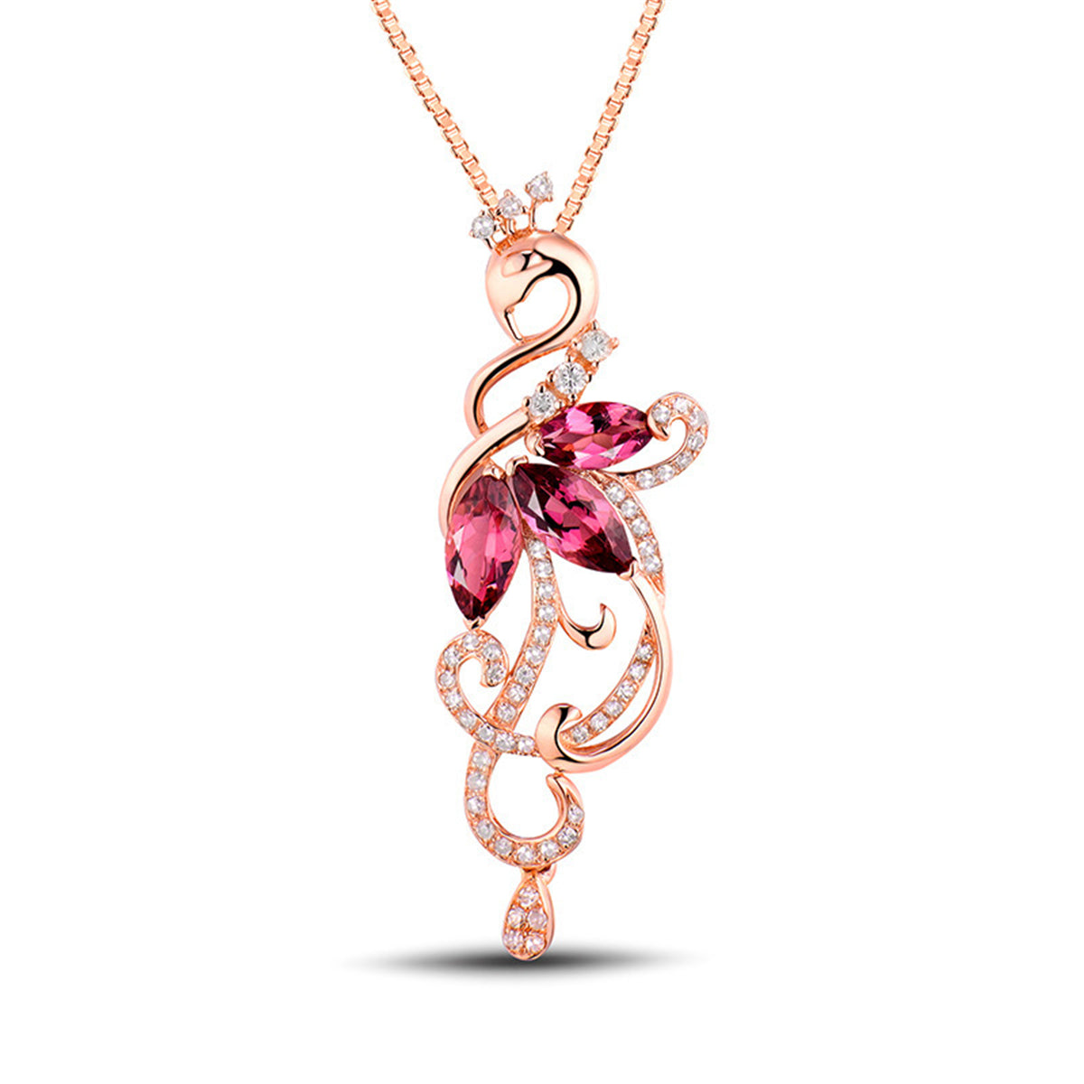 Red Crystal and Cubic Zirconia Pear-Cut Peacock Pendant Necklace, pendant necklace for women, front view