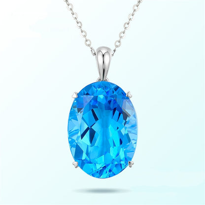 Blue Crystal and Silver-Plated Oval-Cut Pendant Necklace, silver pendant necklace for women, everyday style, side view