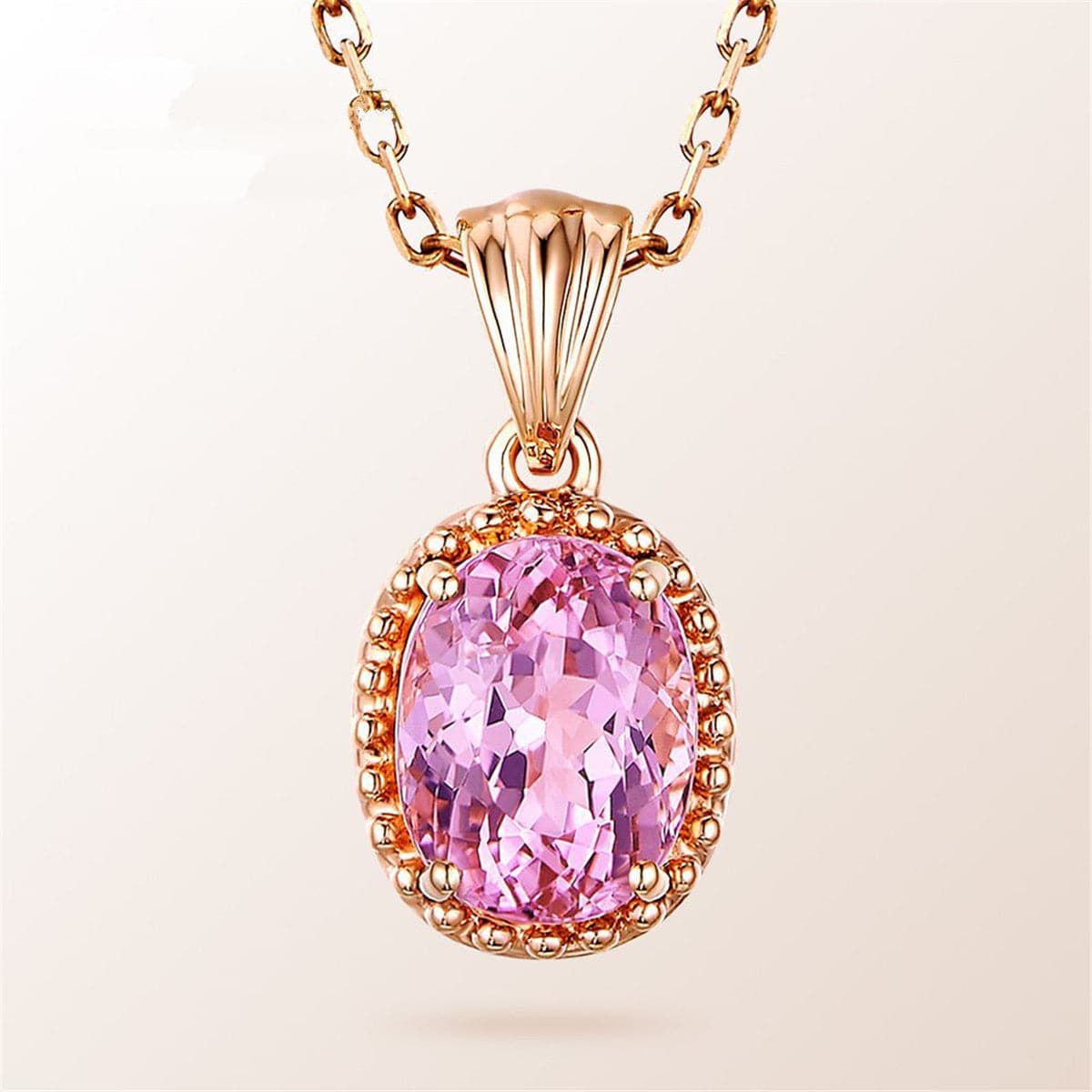 Pink Jasper and Rose Gold-Plated Oval-Cut Pendant Necklace, rose gold pendant necklace for women, front view