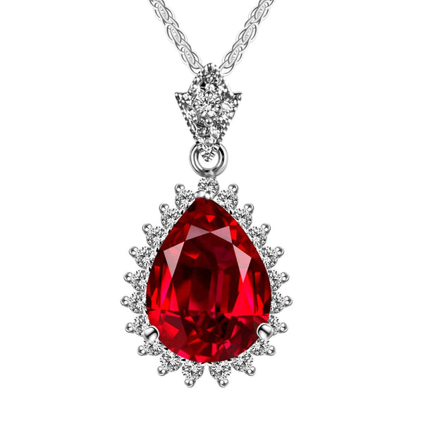 Red Crystal & Cubic Zirconia Pear Cut Halo Pendant Necklace