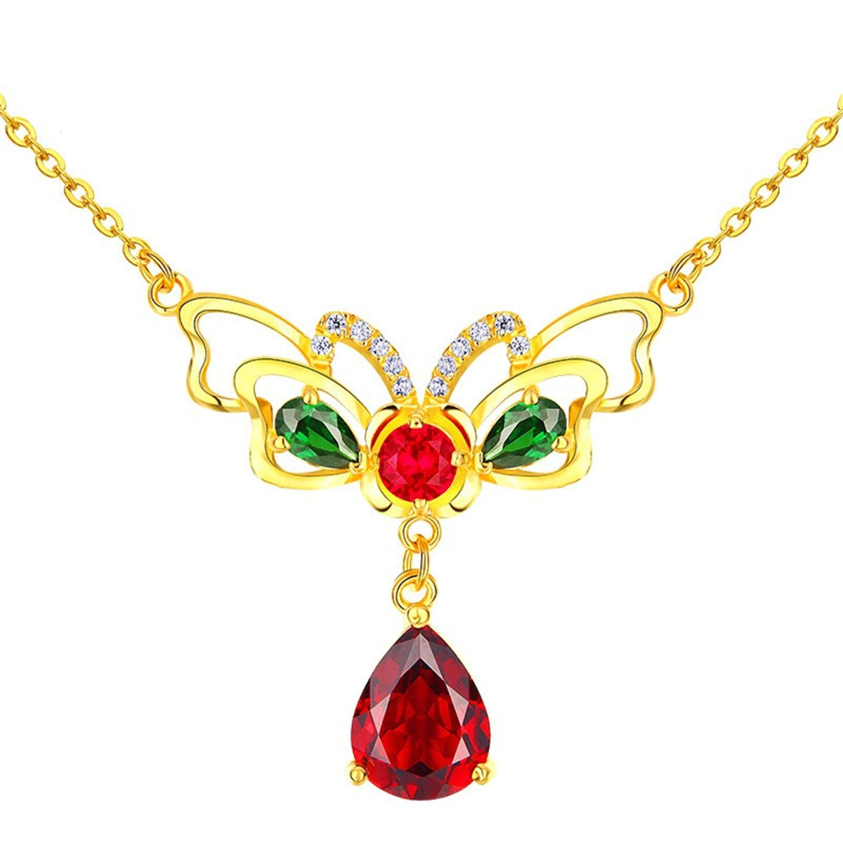 Red Crystal and Cubic Zirconia Butterfly Pendant Necklace, pendant necklace for women, vintage-inspired design, front view