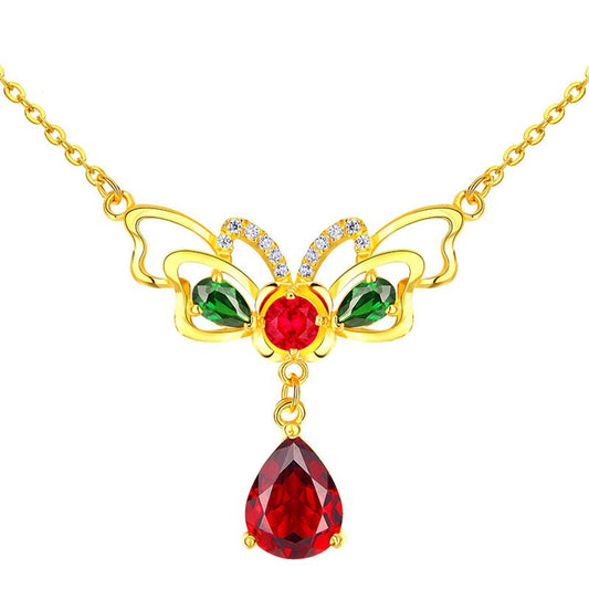Red Crystal and Cubic Zirconia Butterfly Pendant Necklace, pendant necklace for women, vintage-inspired design, front view