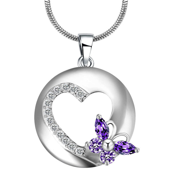 Purple Crystal & Cubic Zirconia Heart Butterfly Pendant Necklace