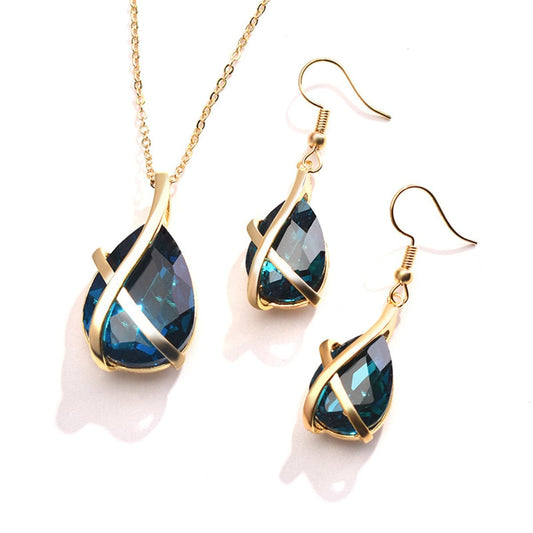 Blue Crystal and 18K Gold-Plated Drop Earrings and Pendant Necklace, gold drop earrings for women, front view