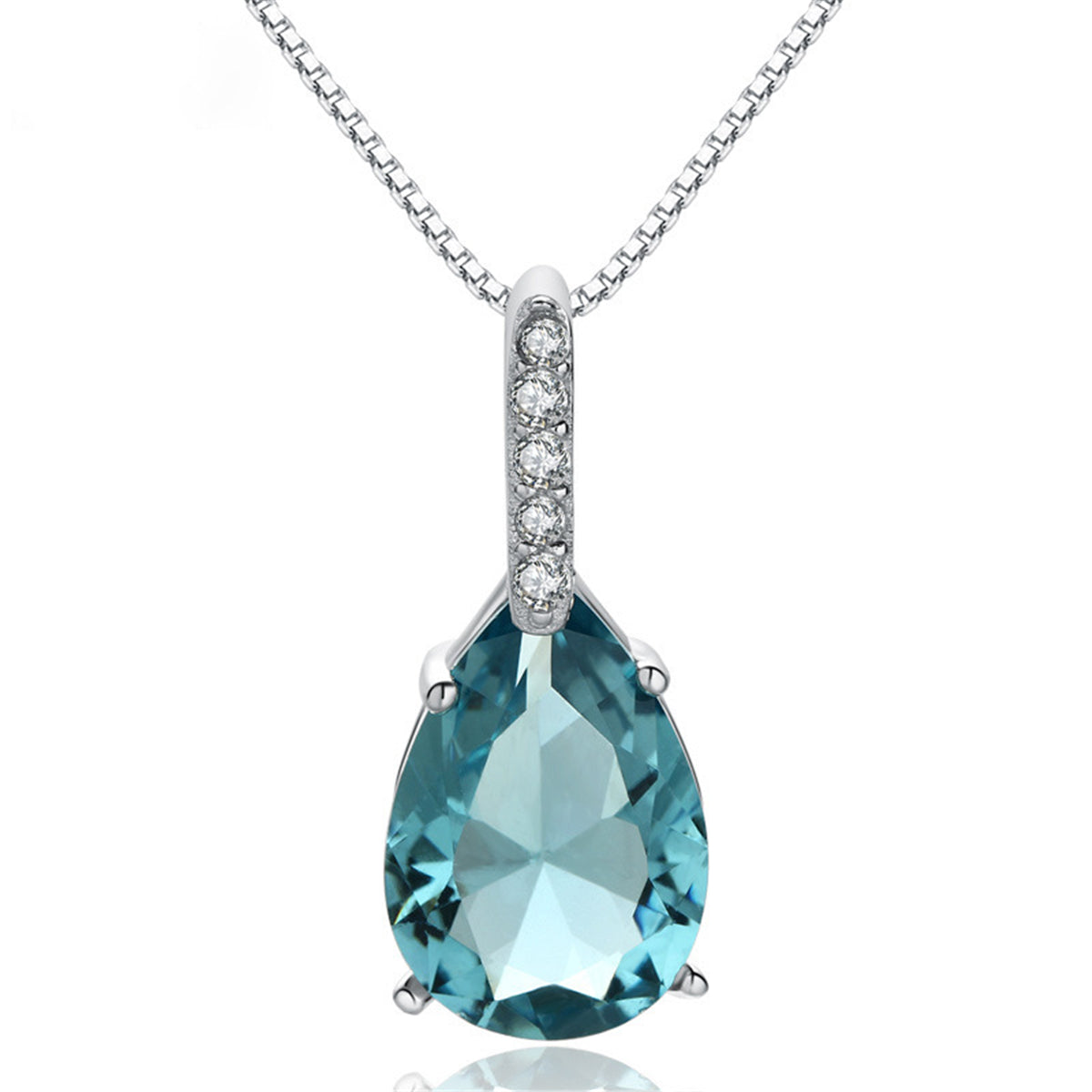 Cubic Zirconia and Aqua Pear Cut Crystal Bezel Prong Pendant Necklace, pendant necklace for women, side view