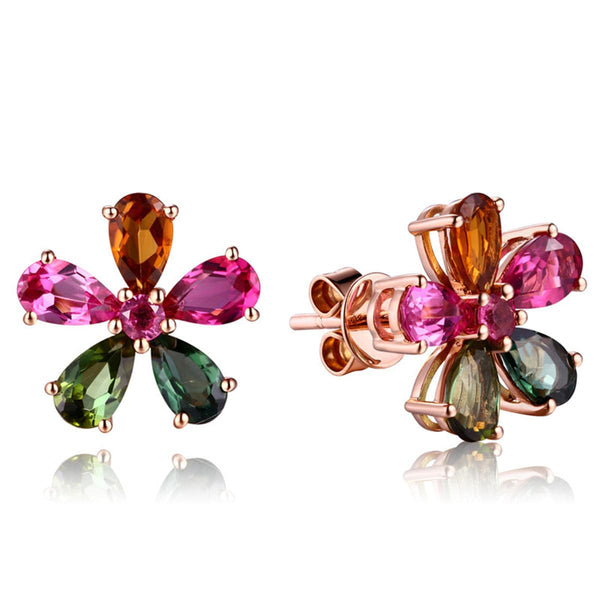 Pink & Green Crystal & 18k Rose Gold-Plated Flower Stud Earrings - streetregion