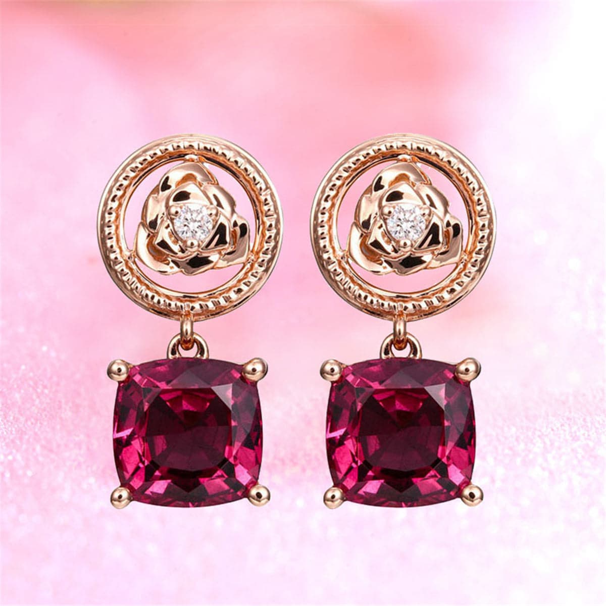 Red Crystal & Cubic Zirconia Rose Drop Earrings