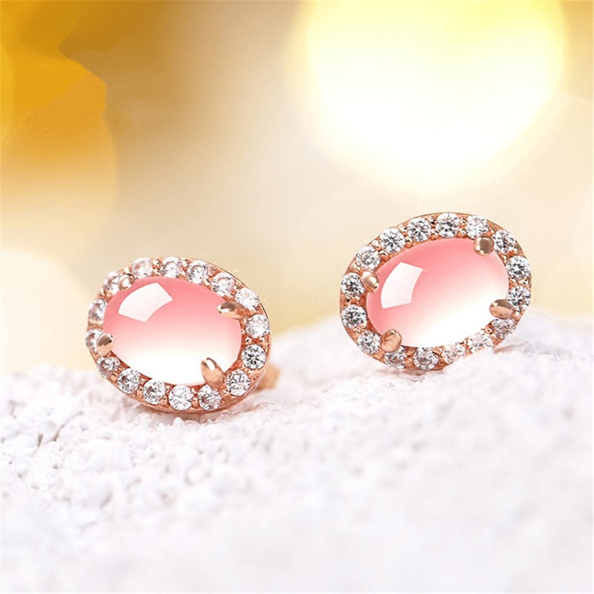 Rose Quartz and Cubic Zirconia Halo Stud Earrings, stud earrings for women, vintage-inspired design, front view
