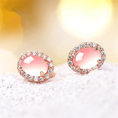Rose Quartz and Cubic Zirconia Halo Stud Earrings, stud earrings for women, vintage-inspired design, front view