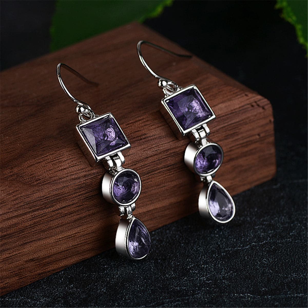 Purple Crystal & Silver-Plated Tri-Layer Drop Earrings - streetregion