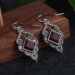 Red Crystal & Silver-Plated Princess Cut Drop Earrings