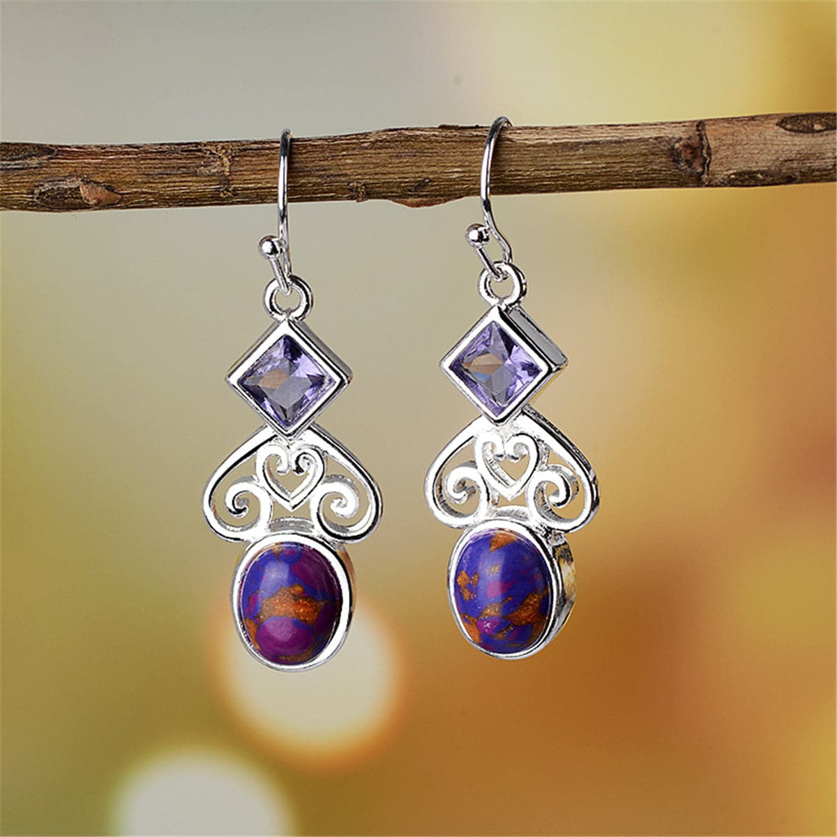 Purple Turquoise & Crystal Filigree Heart Drop Earrings