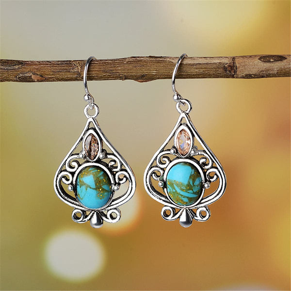Turquoise & Silver-Plated Oval Drop Earrings