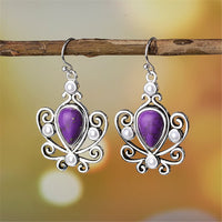 Simulated Purple Turquoise & Imitation Pearl Pear Cut Drop Earrings