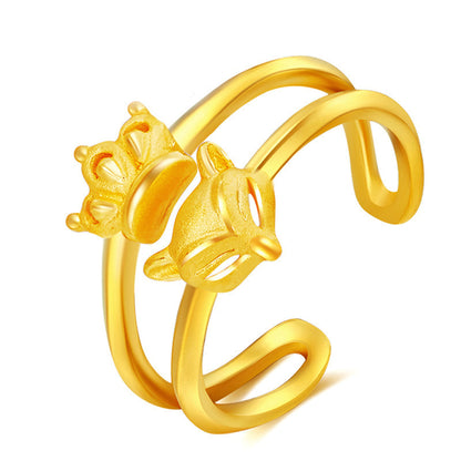 18K Gold-Plated Fox and Crown Openwork Layered Ring, gold statement rings for women, everyday style, front view