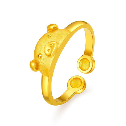 24K Gold-Plated Pig Open Ring, gold statement rings for women, elegant gift for her, front view