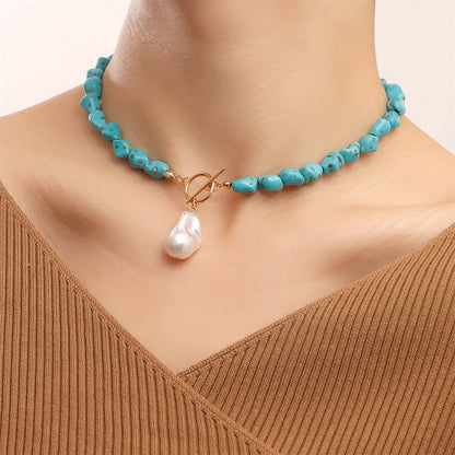 Turquoise and Pearl 18K Gold-Plated Toggle Pendant Necklace, gold pendant necklace for women, front view