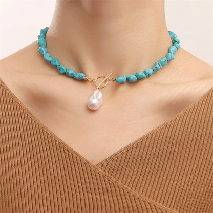 Turquoise and Pearl 18K Gold-Plated Toggle Pendant Necklace, gold pendant necklace for women, elegant gift for her, side view