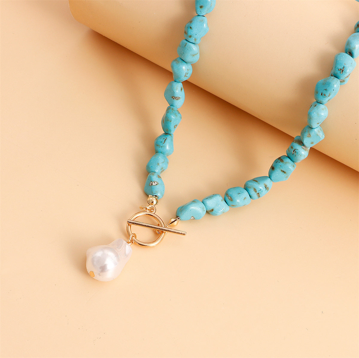 Turquoise and Pearl 18K Gold-Plated Toggle Pendant Necklace, gold pendant necklace for women, styled look