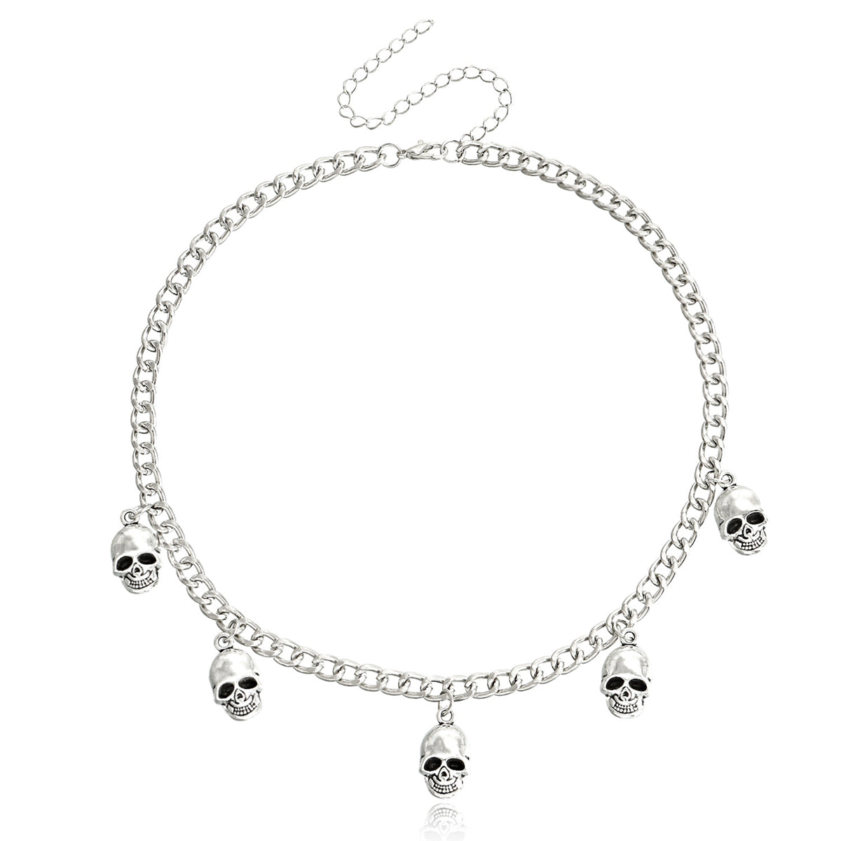 Silver-Plated Skulls Charm Necklace, silver pendant necklace for women, everyday style, side view