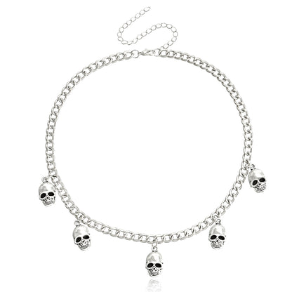 Silver-Plated Skulls Charm Necklace, silver pendant necklace for women, everyday style, side view