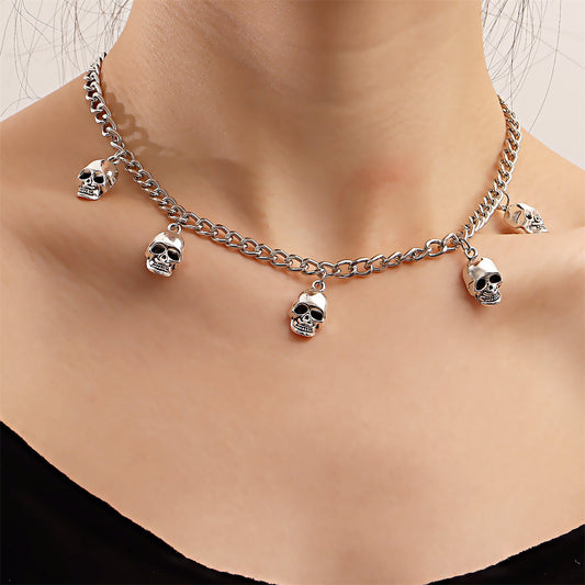 Silver-Plated Skulls Charm Necklace, silver pendant necklace for women, everyday style, front view