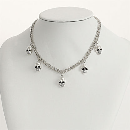 Silver-Plated Skulls Charm Necklace, silver pendant necklace for women, everyday style, detail close-up