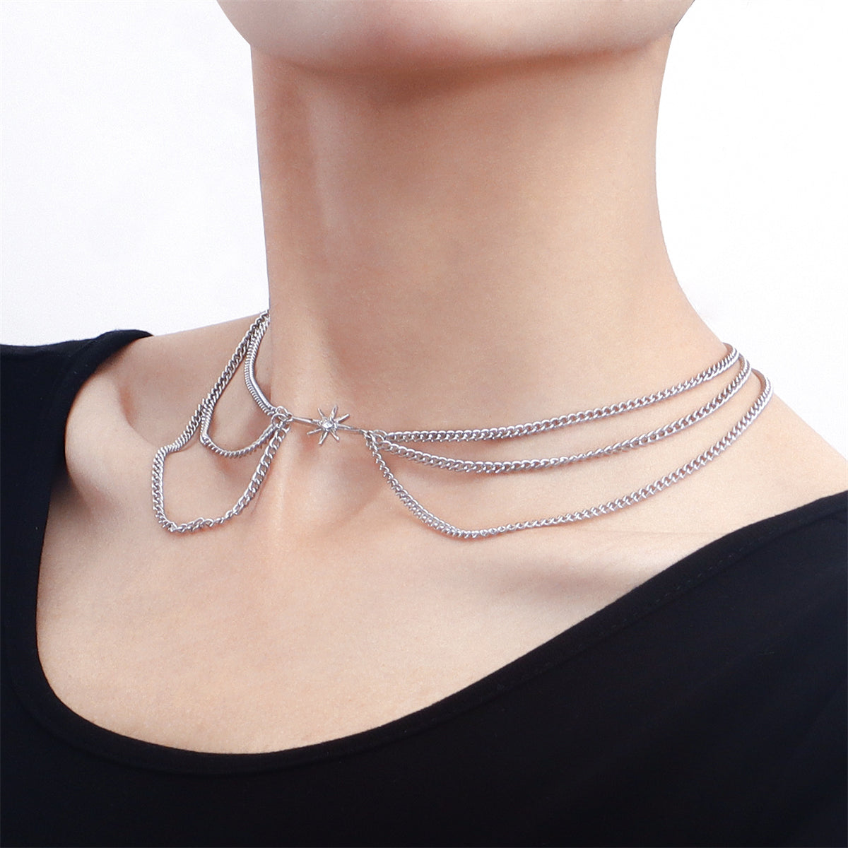 Cubic Zirconia & Silver-Plated Star Layered Choker