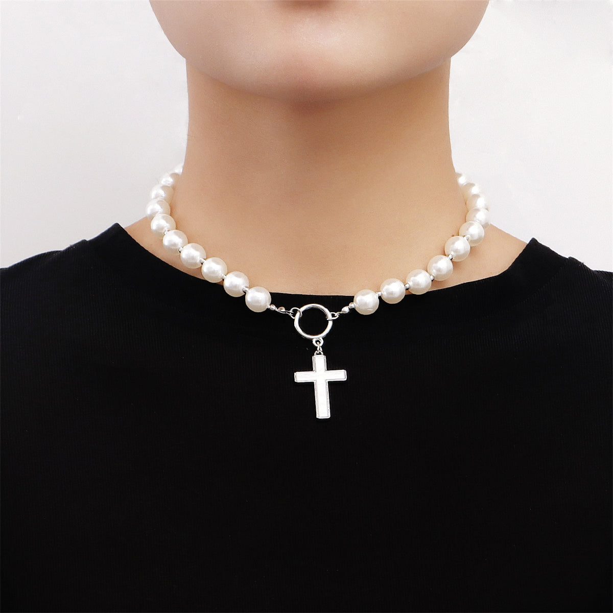 Pearl and Silver-Plated Cross Toggle Necklace, silver pendant necklace for women, dainty minimalist design, front view